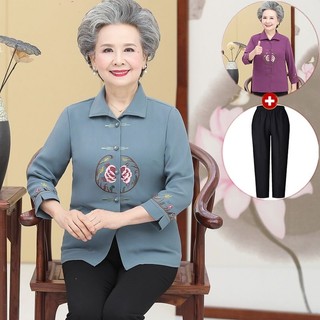 Mẹ xuân thu áo sơ mi nữ trung niên bà ngoại áo hè 60 tuổi 70 thêu