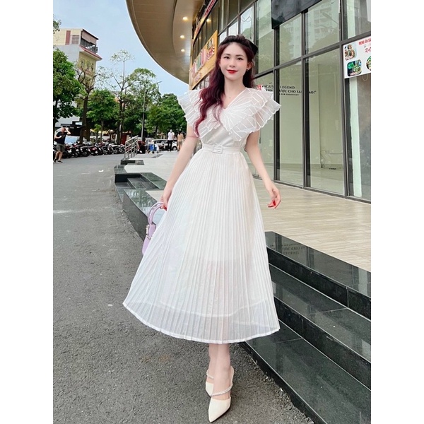 Đầm váy thời trang nữ mặc đi dự tiệc chất voan chiffon chuẩn shop phối hoạ tiết hoa váy dập ly