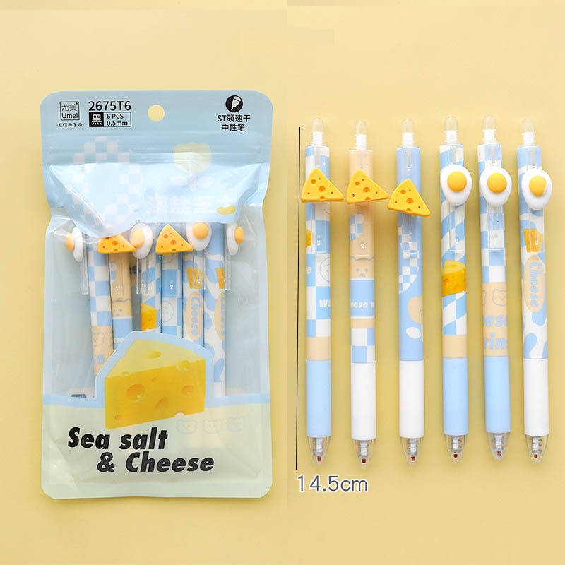 Bút Gel Bấm UMEI Mực Đen Ngòi Kim Cao Cấp Hoạ Tiết Cheese &amp; Trứng Rán Có Thanh Cài