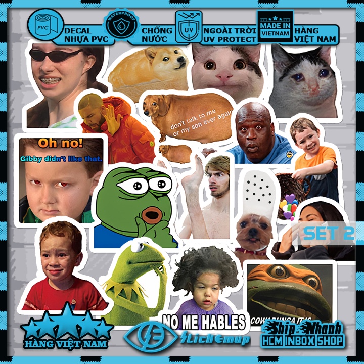 Sticker MEME, hình dán meme hài hước vui nhộn cute, decal nhựa chống nước, dán mũ bảo hiểm, dán laptop, dán vali, dán xe