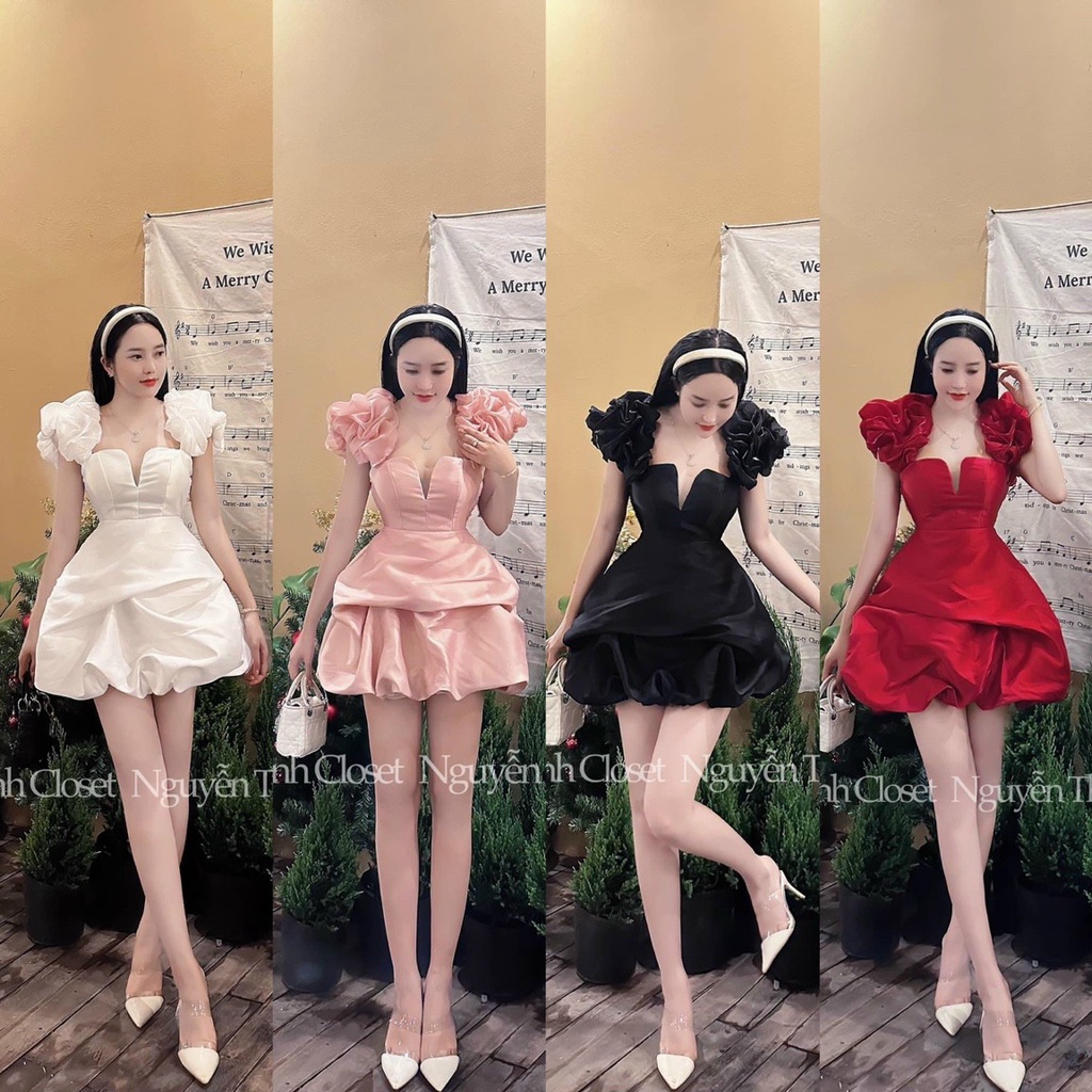Đầm thời trang nữ tay sen xẻ ngực siêu xinh chất tapta cổ vuông tay ngắn hoạ tiét cánh sen váy xoè midi xếp tầng
