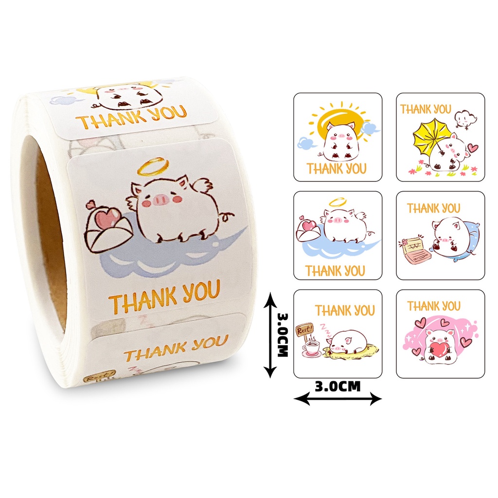 Cuộn 500 nhãn dãn cảm ơn, sticker thank you, tem vuông thank you, tem cảm ơn nhiều mẫu