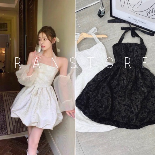 Váy cổ yếm tiểu thư gấm xốp tay bồng có thể tháo rời/Váy babydoll vải gấm hoa nổi cổ buộc dáng xòe oversize ranstore