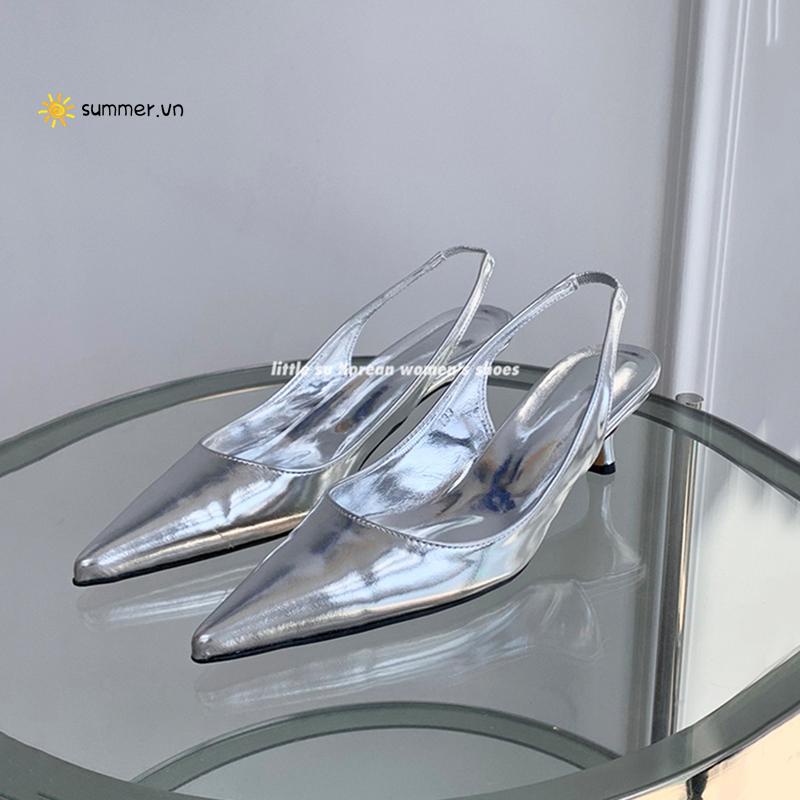 Giày Cao Gót Mũi Nhọn Màu Bạc Thời Trang Mùa Hè Dành Cho Nữ
