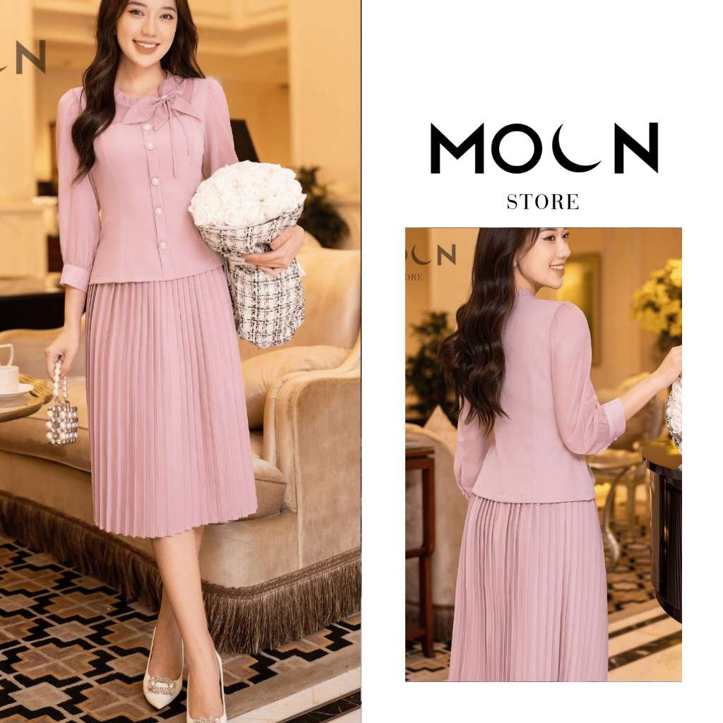 Chân váy và áo công sở thiết kế độc quyền MOON set váy áo, đầm xếp ly, áo đính kèm nơ sang chảnh, bánh bèo MSB441