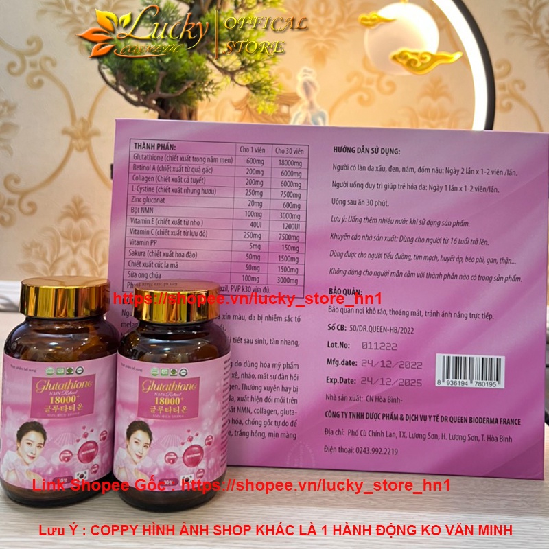 GLUTATHIONE 18000mg+ Viên Uống Trắng Da Cấp Tốc Giảm Nám Giảm Thâm Nhăn Giúp Da Căng Bóng Trắng Mịn Hộp 2 Lọ 30 Viên