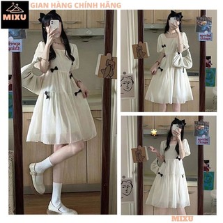 Váy babydoll TRẮNG ĐÍNH NƠ cổ vuông siêu xinh cho nàng, Đầm tiểu thơ xinh xắn HOT TREND công chúa bánh bèo - MIXU