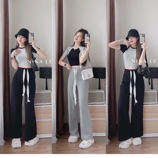 Áo croptop phối màu kèm quần ôm loe xinh lắm mấy bà lbc959