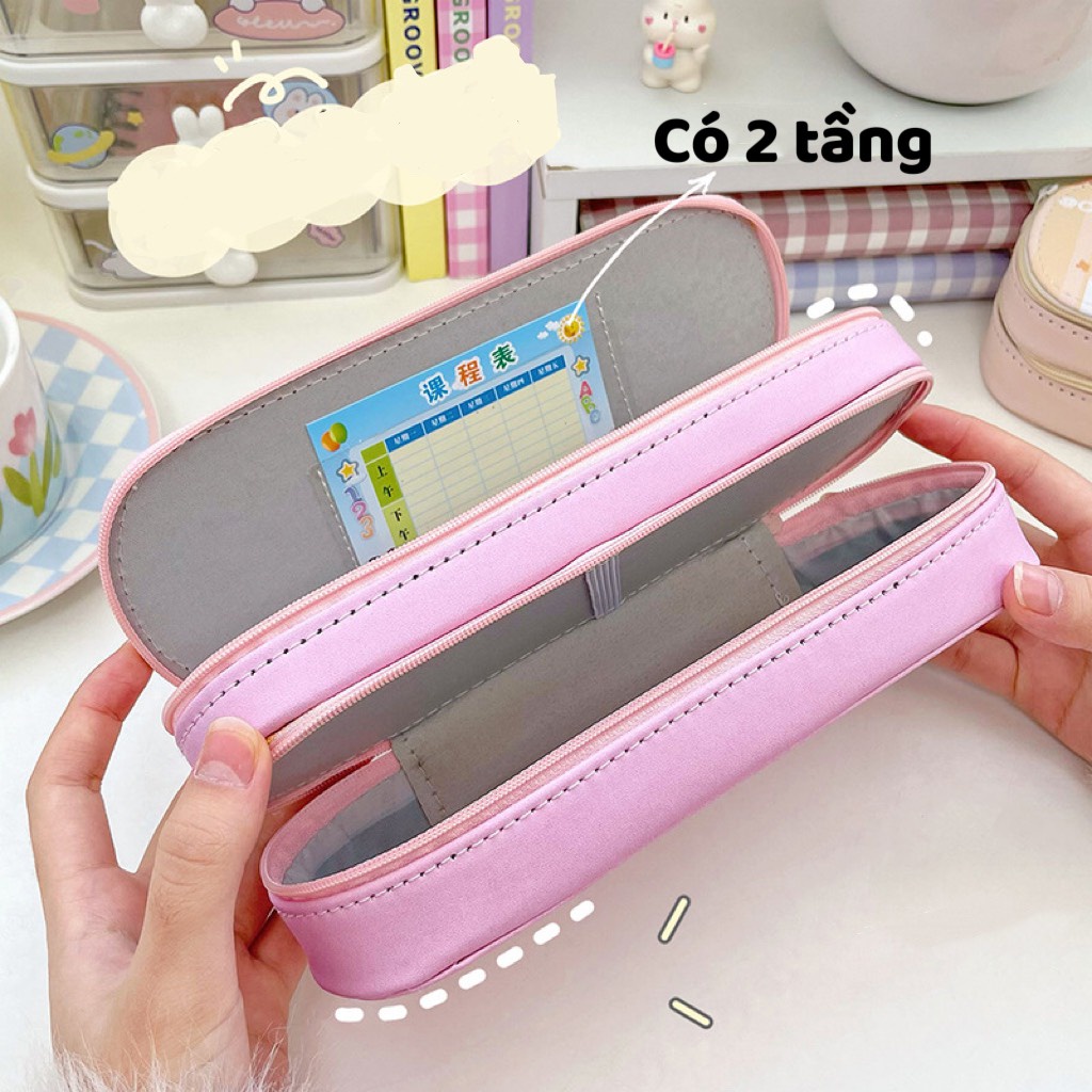 Hộp Bút Da PU Hình Oval 2 Tầng Hoạt Hình Dễ Thương