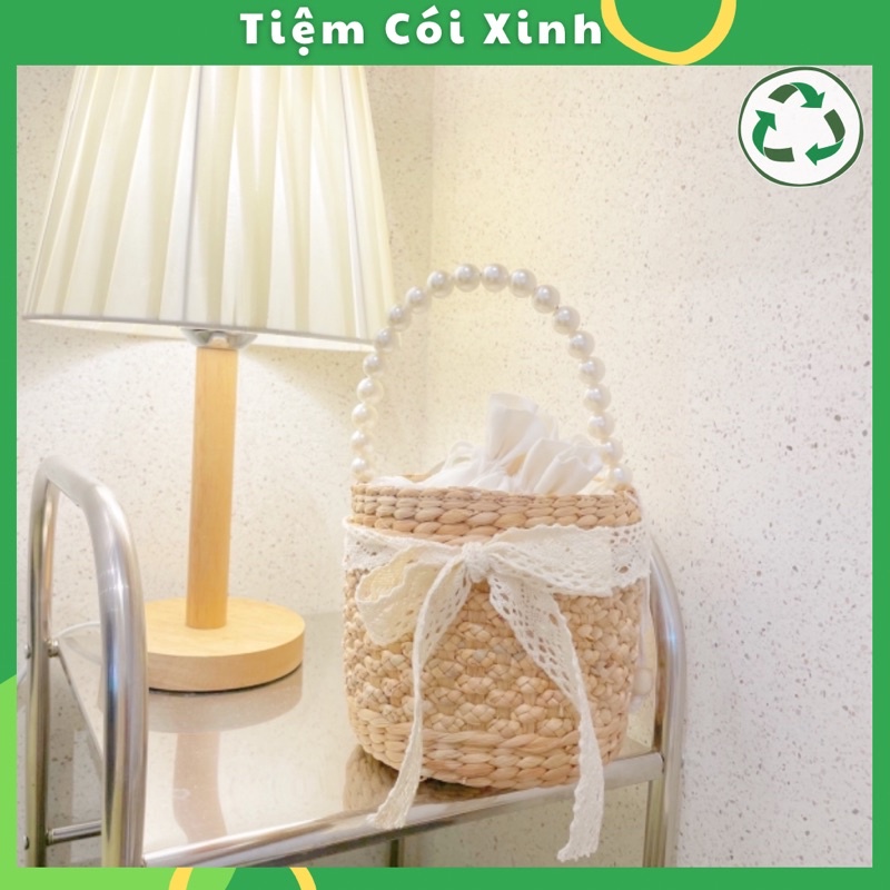 Túi cói mini dáng trụ quai xách ngọc giỏ lục bình nơ ren vintage