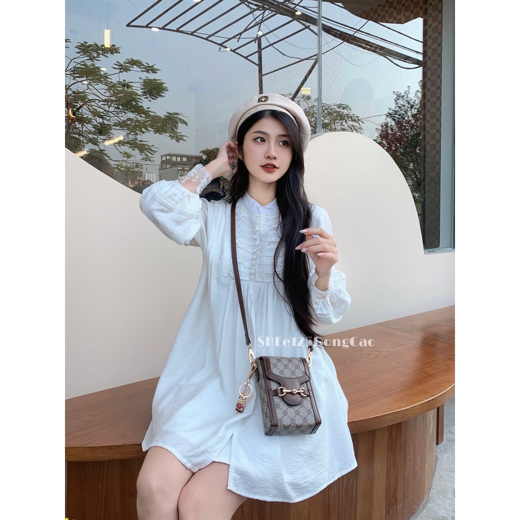 Váy babydoll chất đũi, váy trắng cúc ngọc dáng suông giấu quần