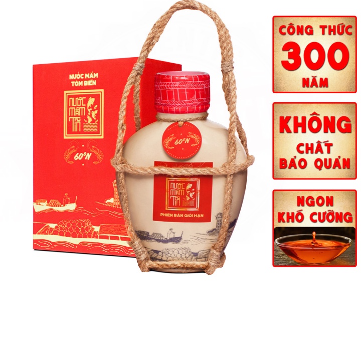 Nước mắm Tĩn Tôm Biển Hồng Ngọc Đại Dương độ đạm 60N bình gốm 500ml hương vị thơm ngọt tôm biển tươi - Thơ