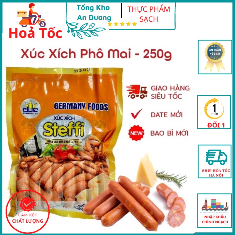 Xúc Xích Phô Mai Steffi Công Nghệ Đức Gói 250g, 15 Cái Thơm Ngon Béo Ngậy Vệ Sinh AN Toàn Thực Phẩm