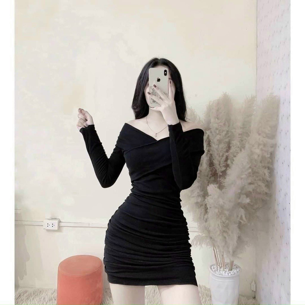 đầm body tay dài cổ chéo có mút cực xinh