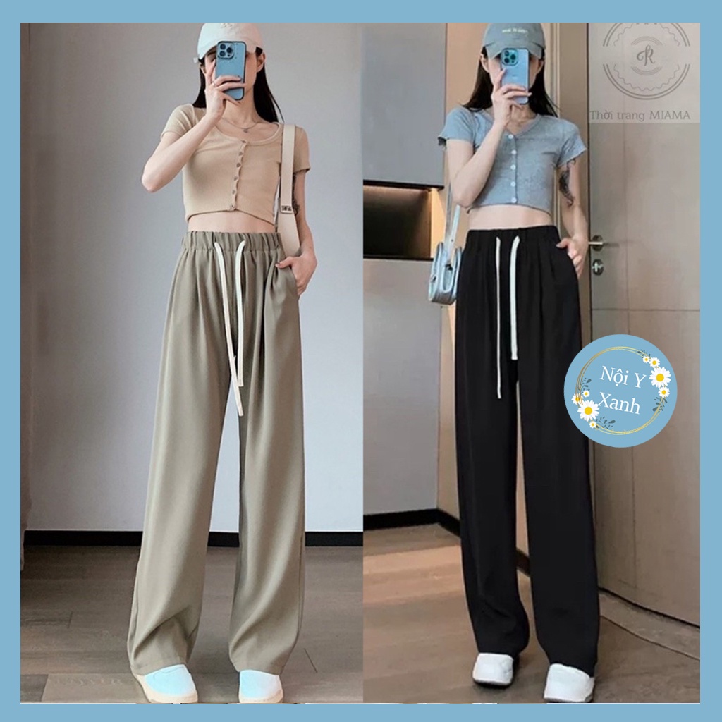 Quần ống rộng loe dáng suông dây rút dáng thon cao phong thái hàn quốc nội y xanh - chất mát