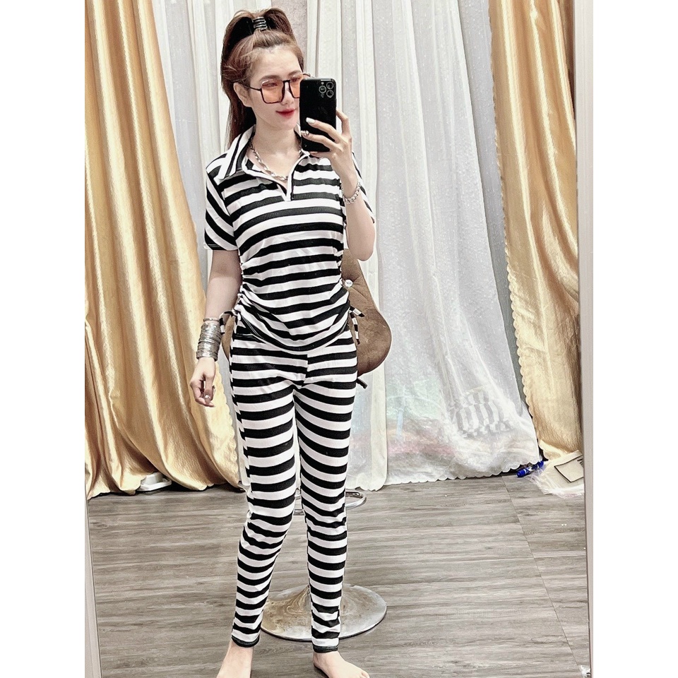 Set Thun Gân Co Giãn Tốt - Dây Rút 2 Bên Áo - Phối Sọc Đơn Giản - SP Y Hình