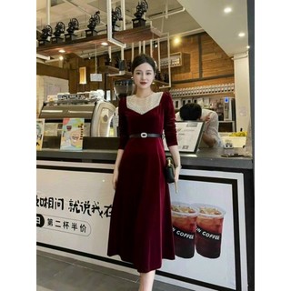 ĐẦM NHUNG CỔ ĐÍNH HẠT KÈM BETL CAO CẤP