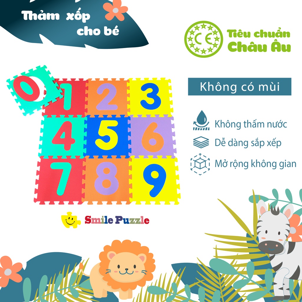THẢM XỐP CAO CẤP CHO BÉ KHÔNG MÙI - TIÊU CHUẨN CHÂU ÂU CHỮ SỐ 10 MIẾNG GHÉP  SMILE PUZZLE