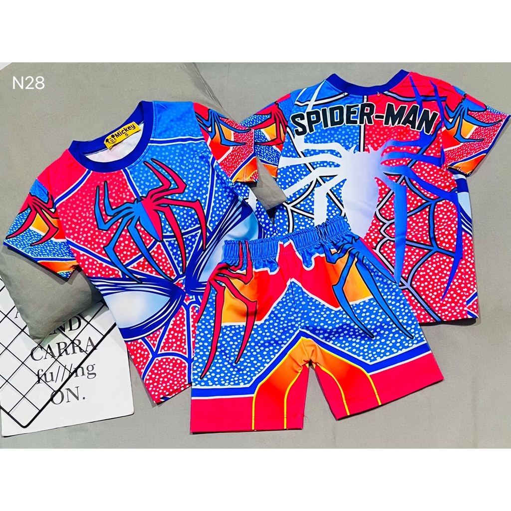 Bộ tay ngắn quần đùi lửng siêu nhân cơ bắp cho bé trai Thun lạnh 3D Mic.key Size đại 21-37kg - Pikakids