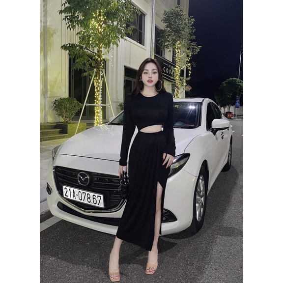 ĐẦM BODY CỔ TRÒN TAY DÀI HỞ EO XẺ TÀ CHẤT LỤA CAO CẤP