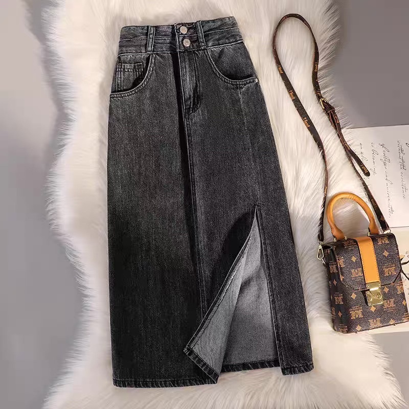 Chân váy bò nữ dáng dài xẻ tà , váy xẻ 2 màu 2 cúc cúc jeans Chữ A Lưng Cao Thời Trang Cho Nữ kèm ảnh thật