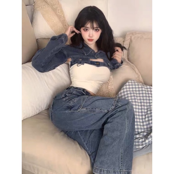 Set áo croptop jean + áo ống phối jean chất chơi