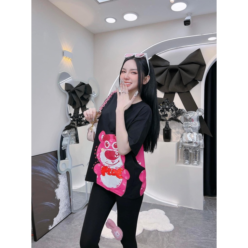 [3.3 Sales Freeship] Set bộ đi chơi, set áo thun from rộng tay ngắn in hình gấu dâu siêu hot phối quần ôm dài trẻ trung