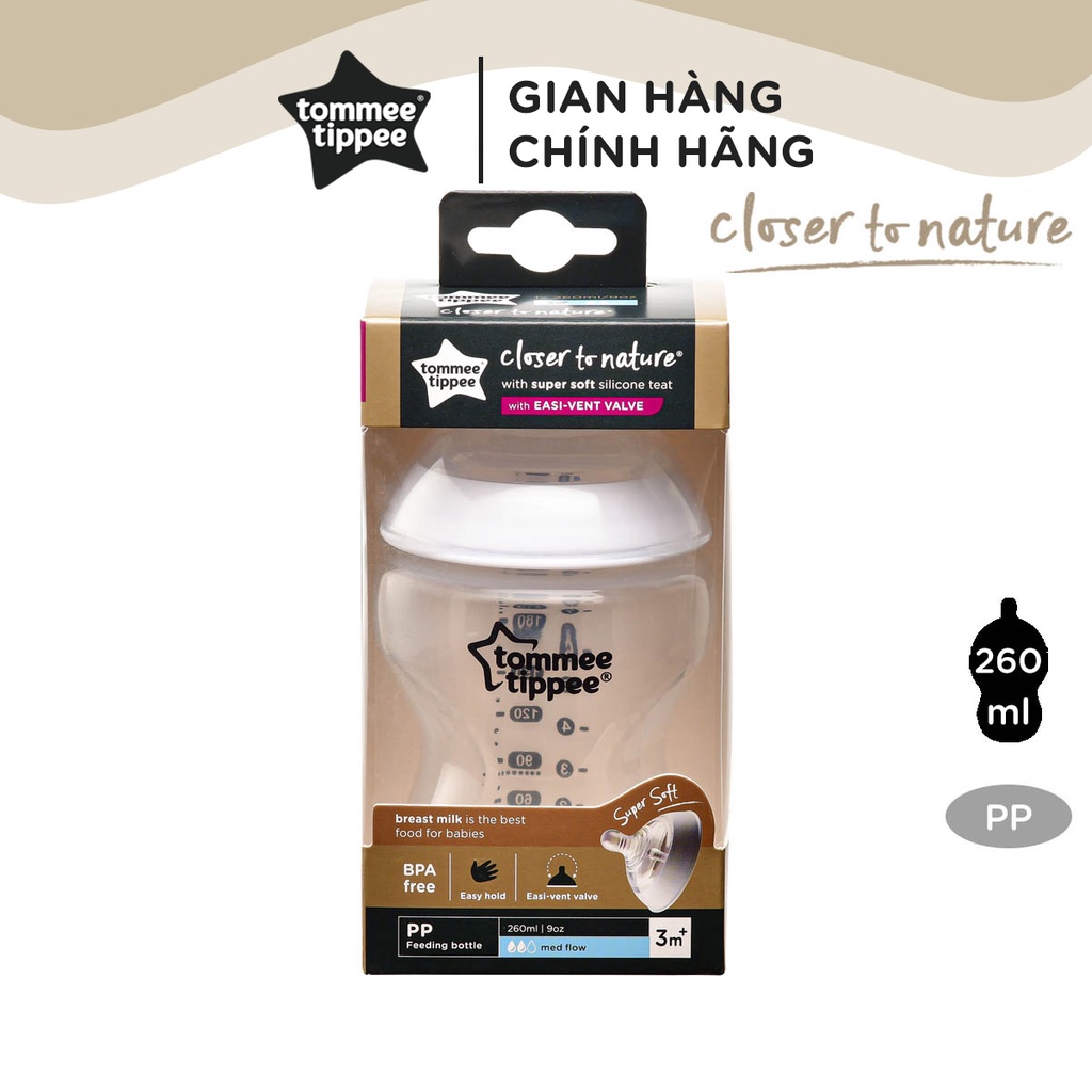 Bình sữa ty siêu mềm tự nhiên Tommee Tippee Closer to Nature 260ml, núm ty đi kèm 3-6 tháng