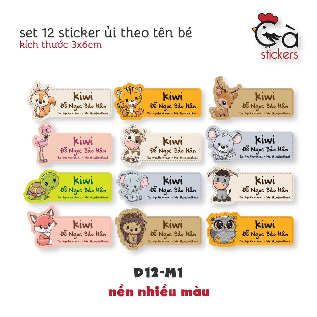 Sticker ủi áo in tên trẻ em GaStickers UT-D12- bộ 12 miếng kích thước 3 x 6 cm