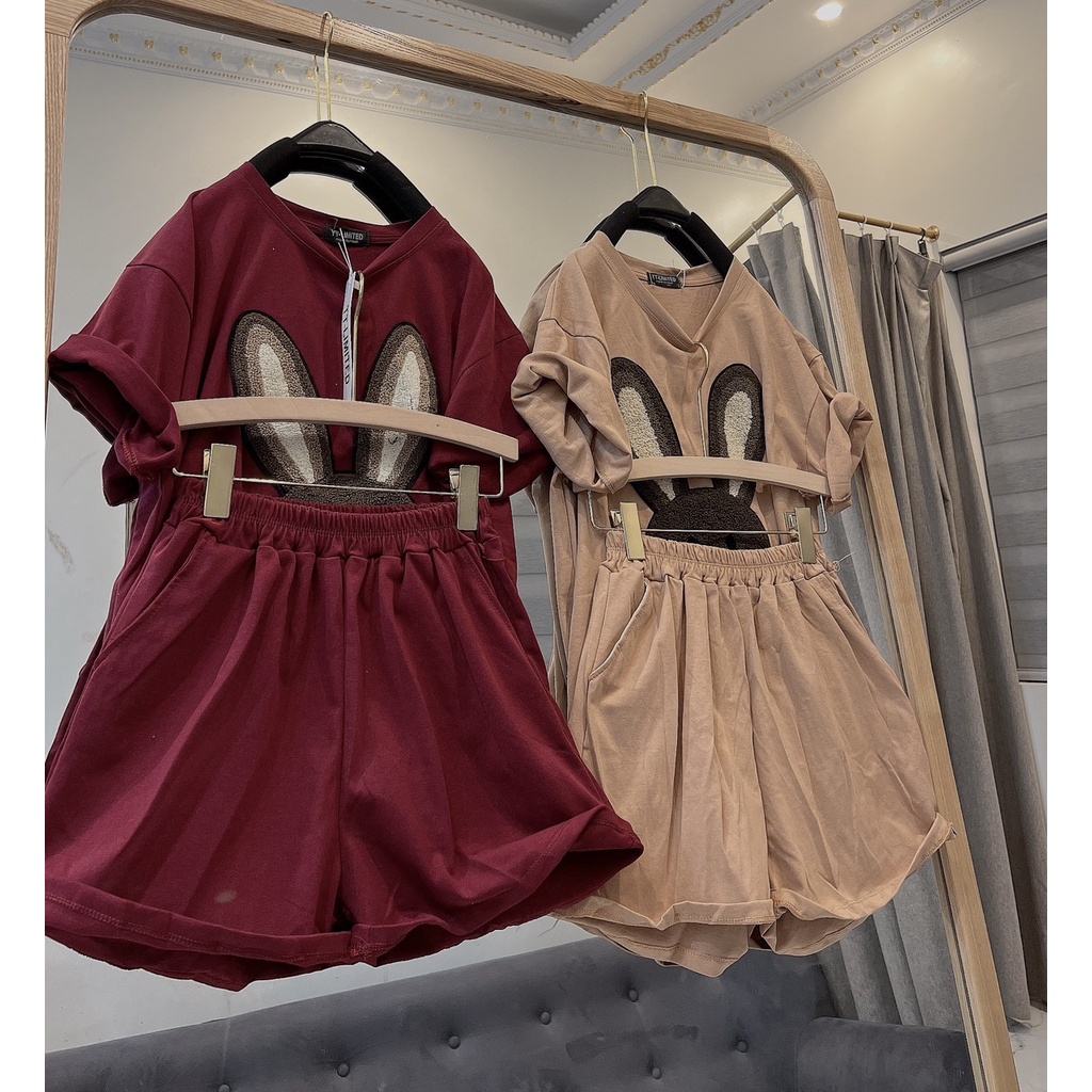 Set Đùi Thể Thao Thêu Thỏ Nổi Cộc Tay Nam Nữ 3158 Chất Cotton Khô Unisex Basic