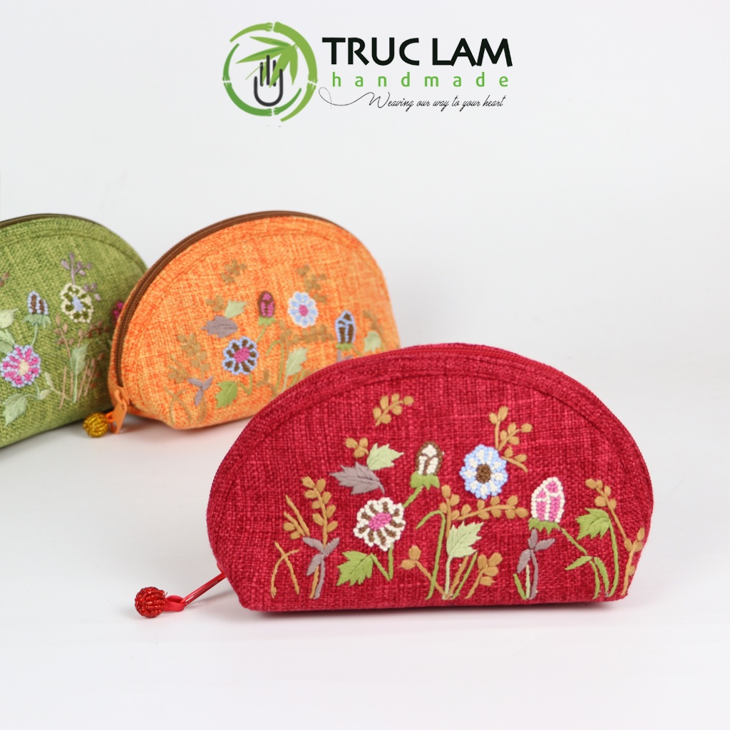 Ví Cầm Tay Nữ Ví Sò Vải Gai Họa Tiết Hoa Cỏ Thêu Tay Hai Mặt Họa Tiết Hoa Cỏ Trúc Lâm Handmade THEUV42