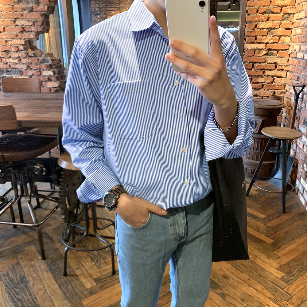 Áo Sơ Mi Nam Kẻ Sọc Phom Rộng Dáng Dài Chất Cotton Thoáng Mát Dịu Nhẹ Mùa Hè