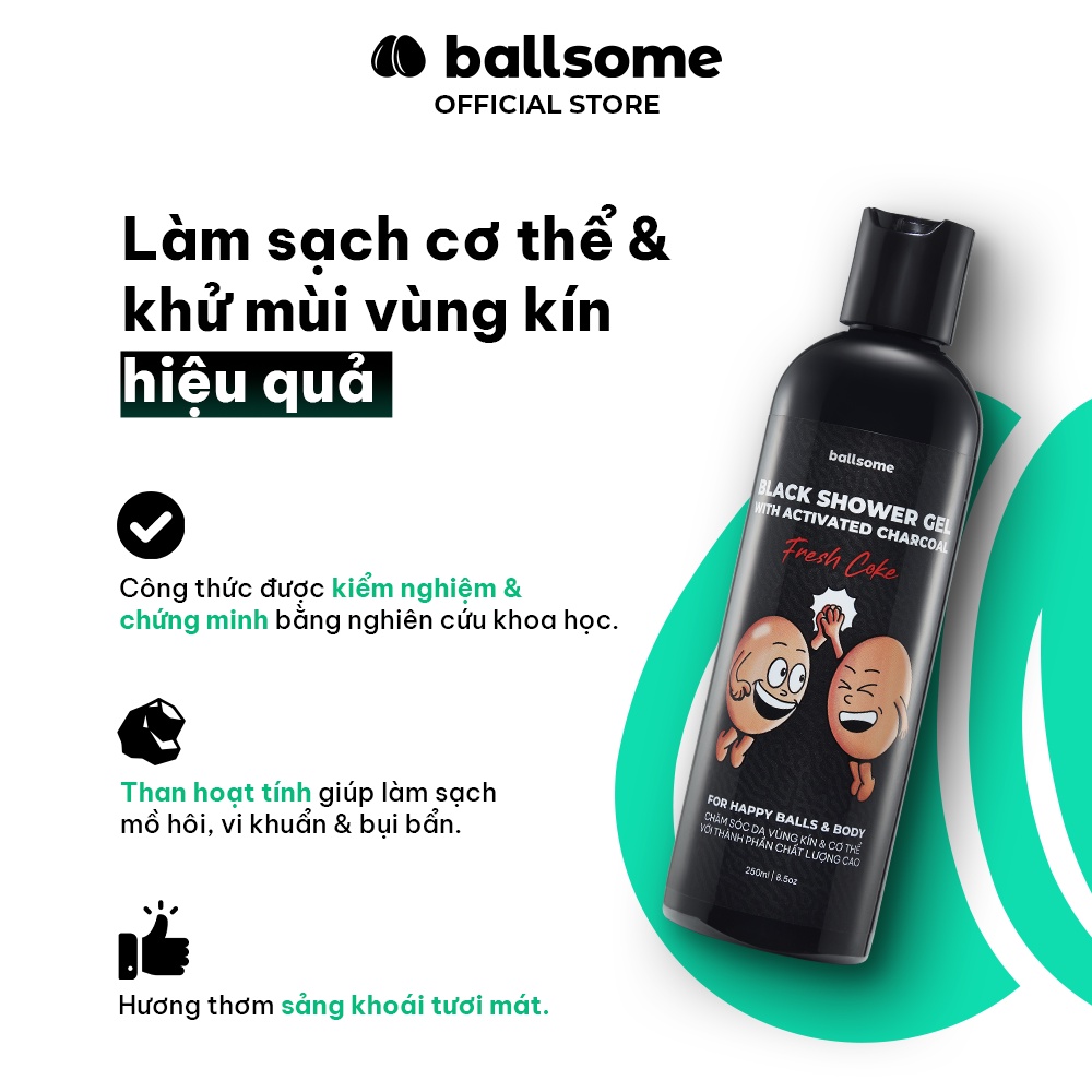 Gel Tắm Than Hoạt Tính Ballsome Sạch Cơ Thể & Khử Mùi Vùng Kín Nam Giới Hiệu Quả 250ml