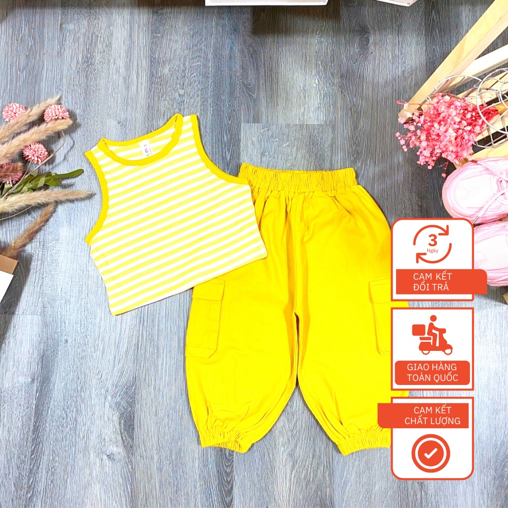 Set Đồ Trẻ Em Kẻ Sọc Ngang Tay Cộc Kèm Quần Dài Vàng