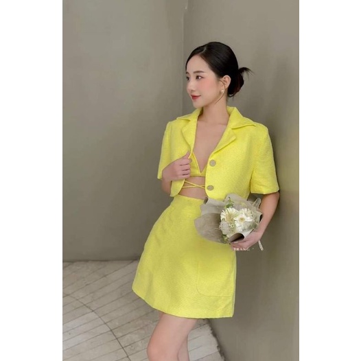 SET 3 MÓN: KHOÁC CROP VEST KÈM BRA CỘT DÂY EO + CHÂN VÁY  6M