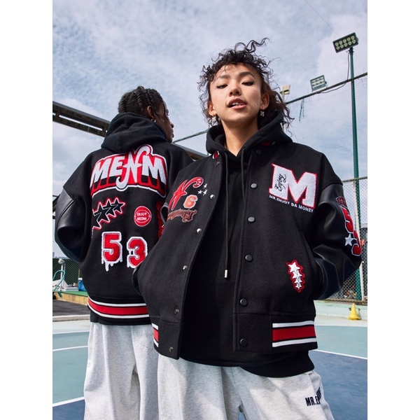 [ Hàng Mới ] Áo khoác Bomber tay da - Varsity Jacket dạ phối tay da logo thêu xù nam nữ Unisex