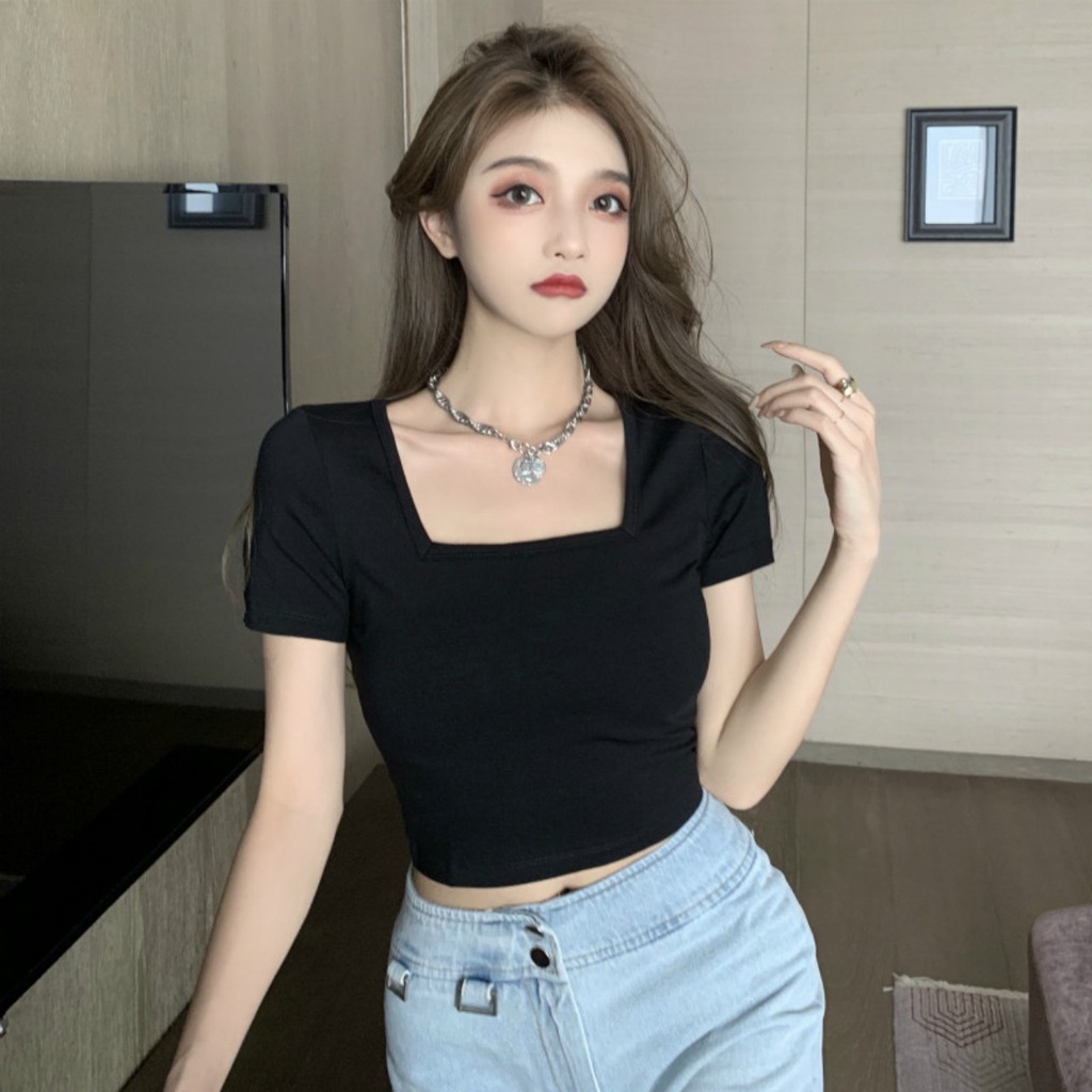 Áo Croptop Ngắn Tay Cổ Vuông Dáng Ôm Madela Thun Dày Dặn, Croptop Cổ Vuông Màu Trơn Phong Cách Trẻ Hàn Quốc