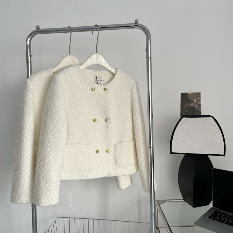 Áo khoác dạ tweed nữ khoác ngoài cổ tròn khuy mạ vàng dài tay sang trọng