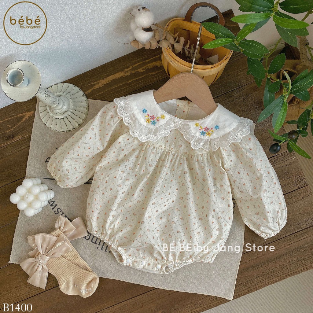 Body dài tay kẻ hoa nhí cổ trắng thêu hoa điệu xinh cho bé gái B1400