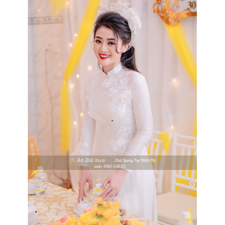 Áo Dài Cưới Cô Dâu Trắng Hoa Thủ Công MB09