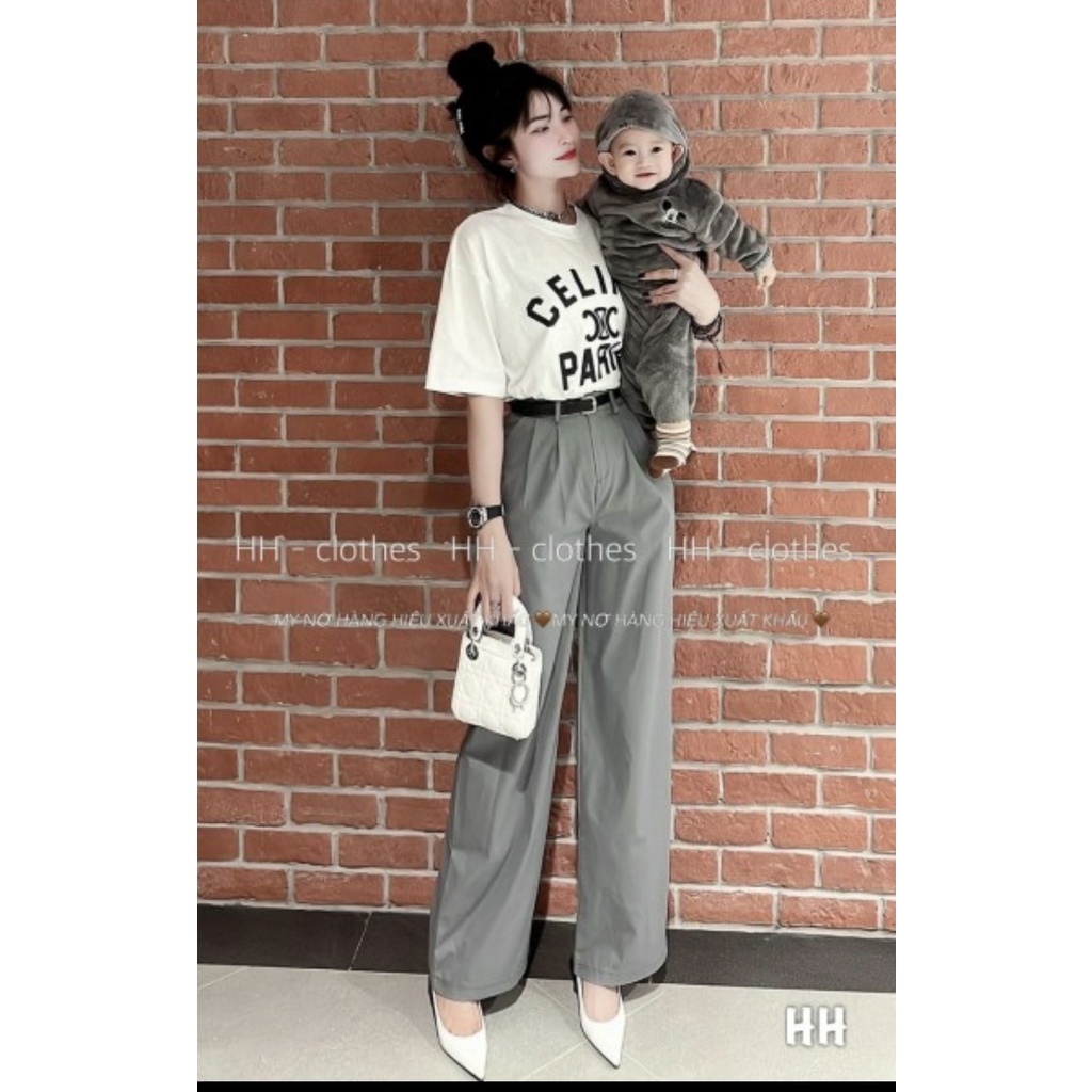 Set đồ nữ Áo phông Celine mix quần suông xám kèm dây đai tôn dáng cho nàng du lịch dạo phố