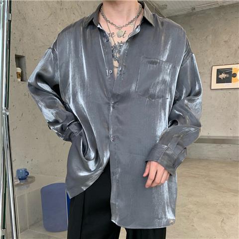 Áo Sơ Mi Họa Tiết Sáng Bóng Đẹp Trai Áo Sơ Mi Satin Màu Trơn Dài Tay Kiêng Khem Nam