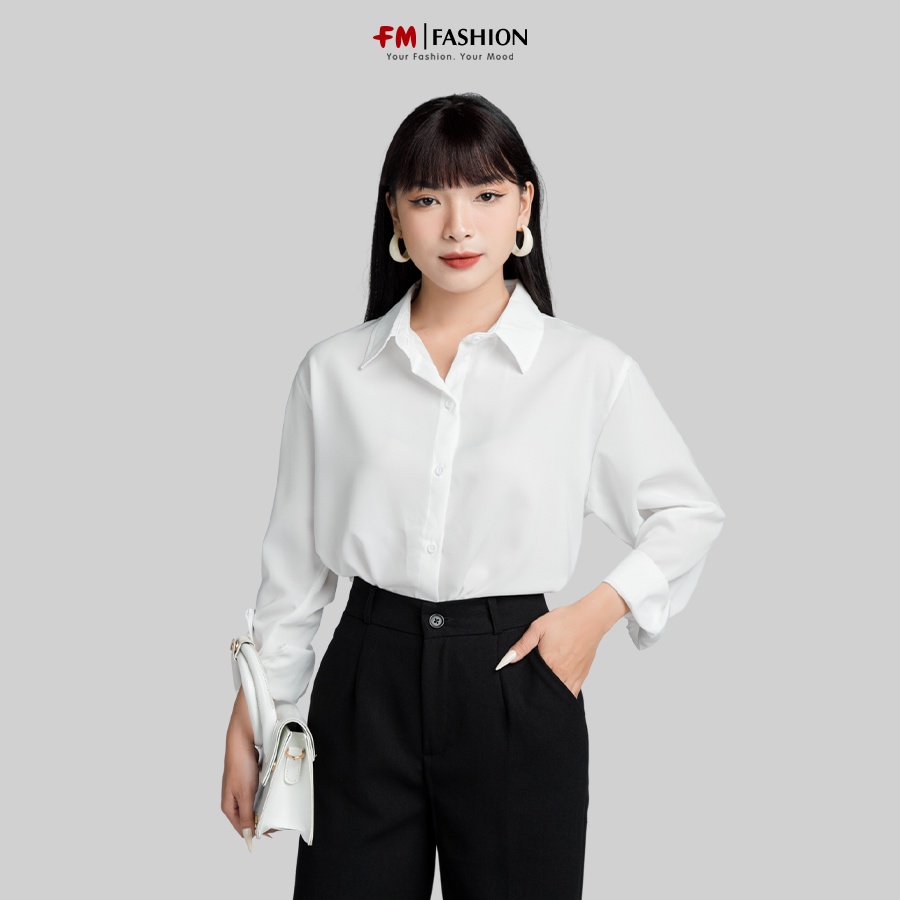 Áo sơ mi nữ dài bo tay FM STYLE thiết kế chít vai form rộng cổ bẻ tay dài thời trang công sở basic 23011046