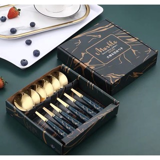Set 6 thìa inox mạ vàng cán sứ kèm hộp sang trọng