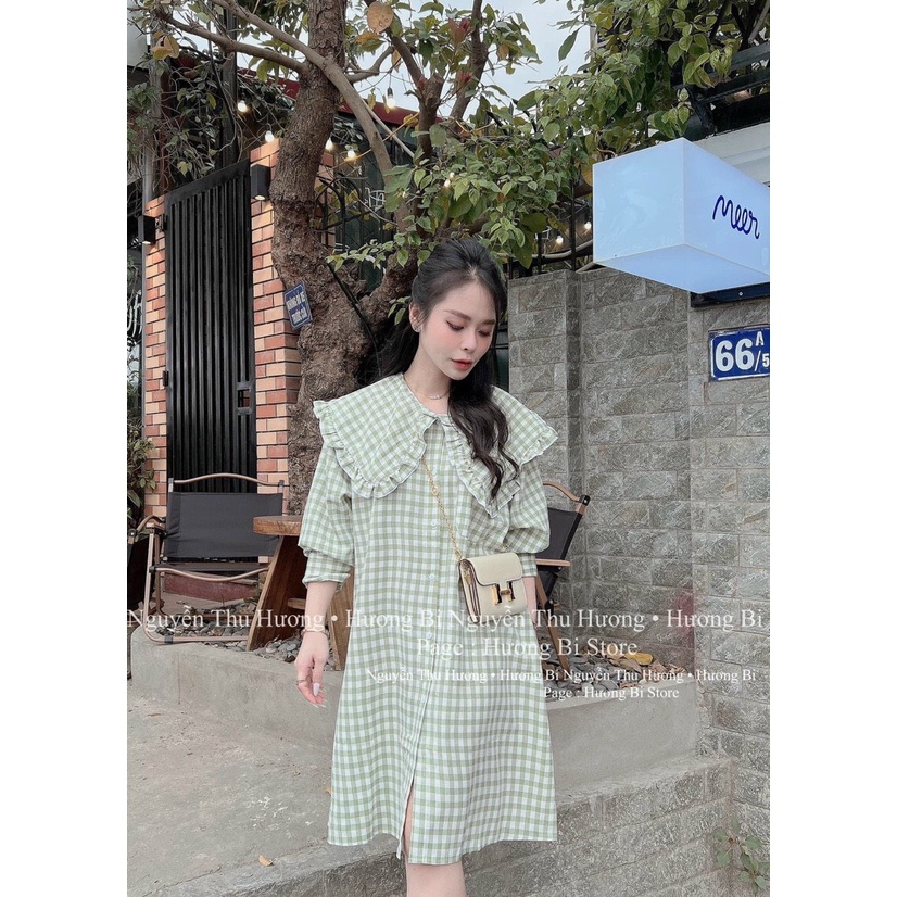 Đầm caro xanh cổ sen siêu hot