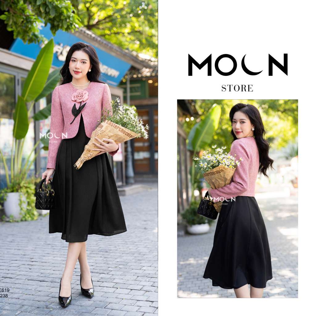 Set váy áo công sở dạ tweed, áo vest ký giả peplum croptop mix váy thu đông dài MVE619 Moon