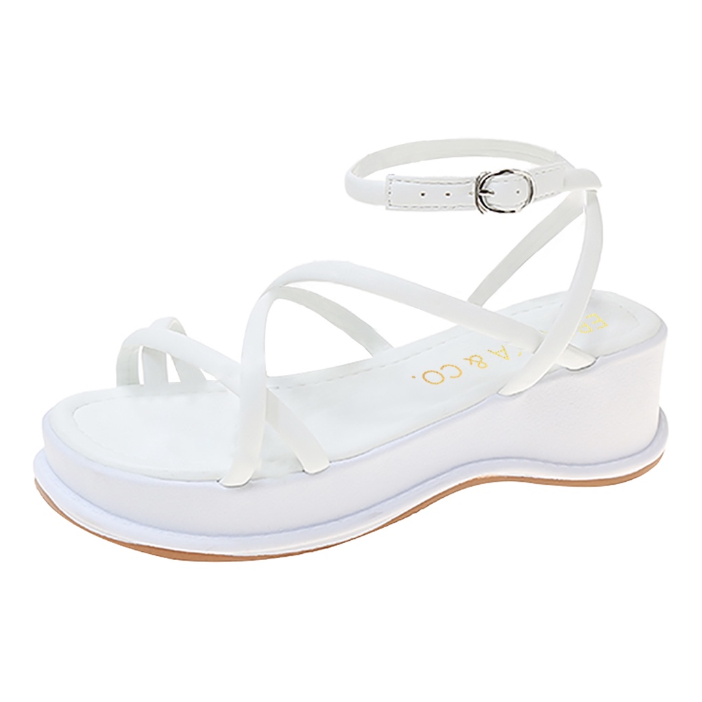 Erosska - Sandal đế xuồng dây quai mảnh kiểu dáng xỏ ngón màu trắng cao 5cm - SB001 (Version 2)