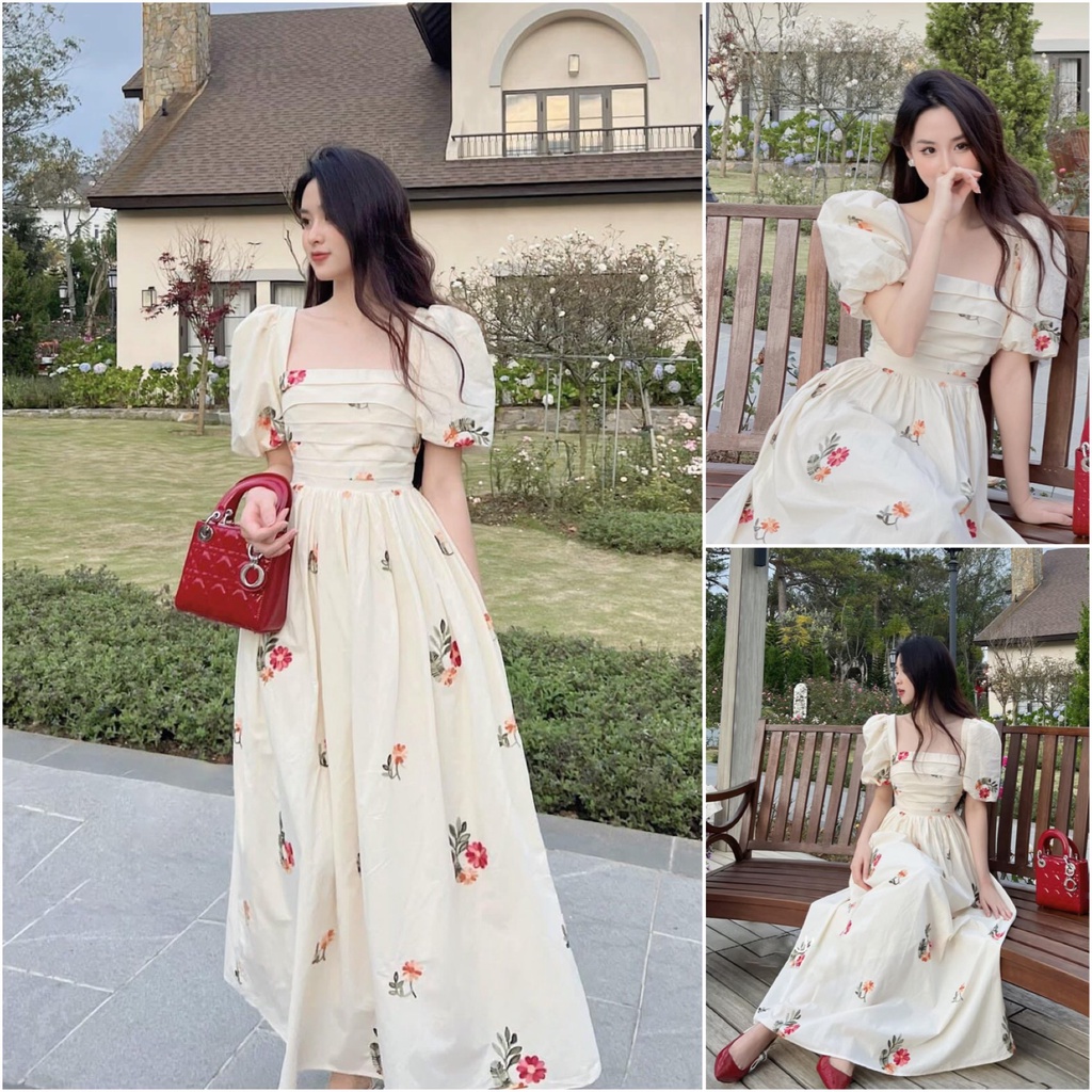 Đầm Tiểu Thư Thêu Hoa Cổ Vuông Xếp Ly Akara B6 Phù Hợp Dạo Phố Dự Tiệc Smlxl