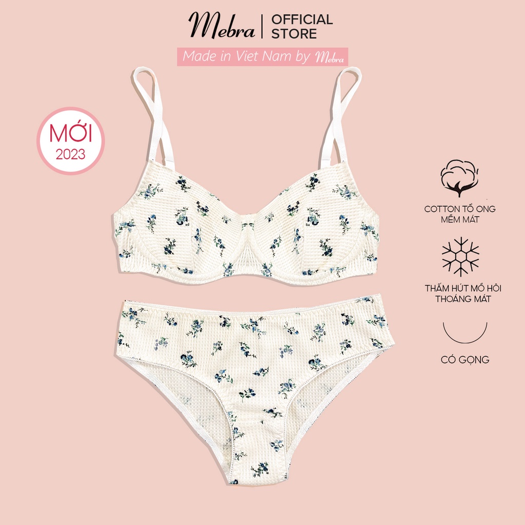 [LIMITED] Set đồ lót không đệm có gọng nâng ngực cotton wafle cao cấp hoạ tiết cherry trẻ trung cao cấp Mebra S008