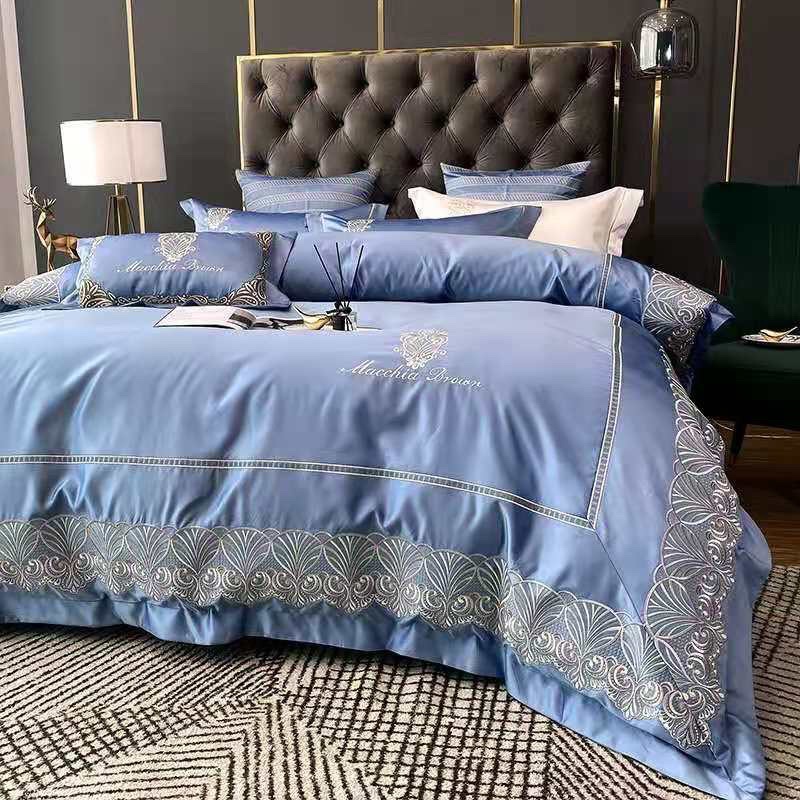 Bộ chăn ga lụa silk machia HLHOME thêu viền bèo siêu mềm mại, thoáng mát